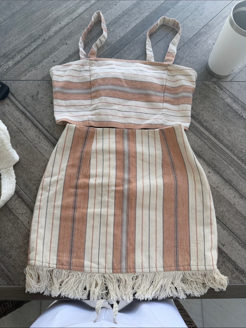 MAJORELLE Beige & Rust Striped Fringe Mini Skirt and top